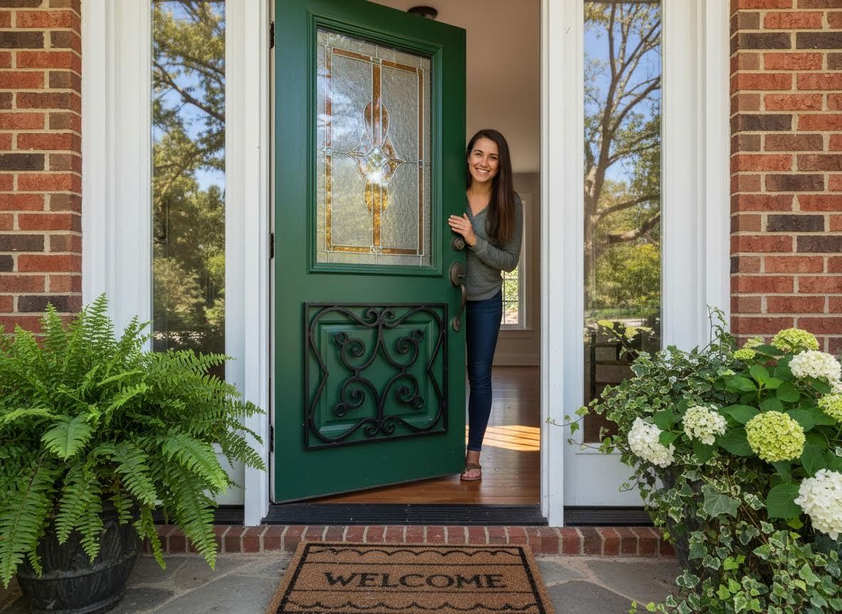 Woman opening green front door