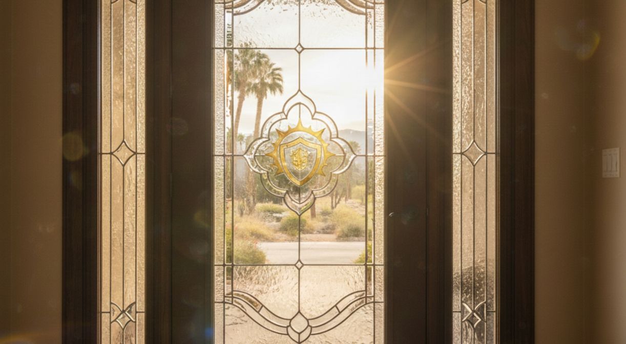 An interior view looking through a decorative glass door at a bright desert morning, highlighting the sunlight filtering through the protective glass patterns.