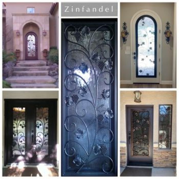 A collage of five photos showcasing "Zinfandel" style vine and grape wrought iron decorative glass designs on multiple luxury entryways.