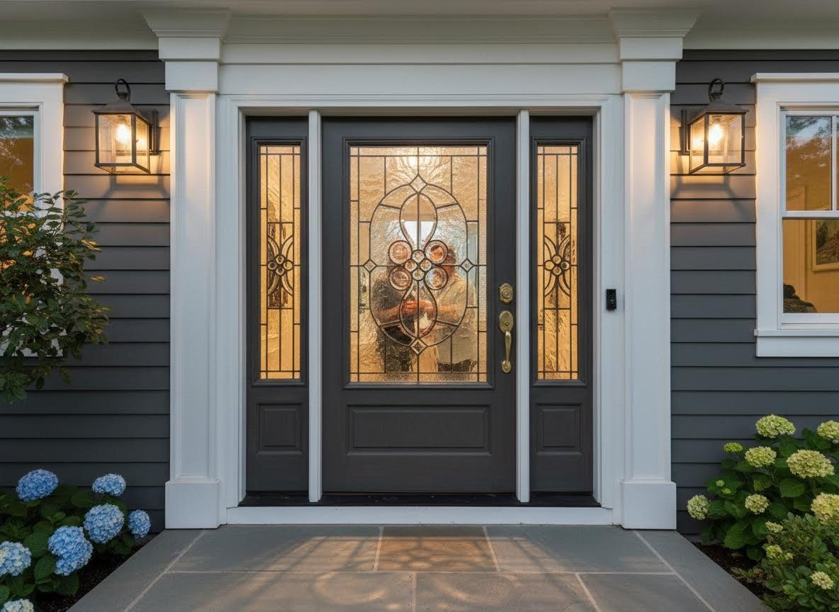 Elegant Gray Front Door with Leaded Glass and Sidelights