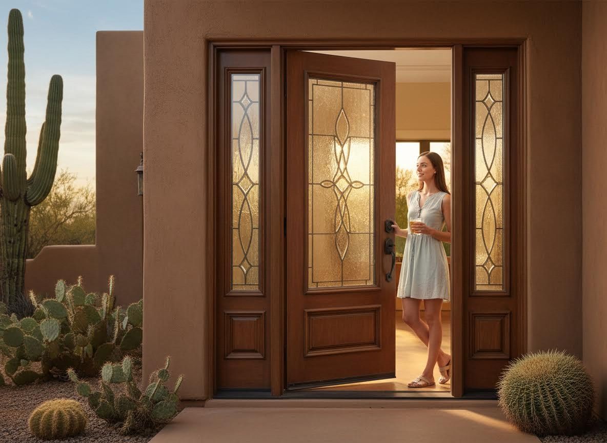 Woman at elegant desert home entrance with decorative wood door