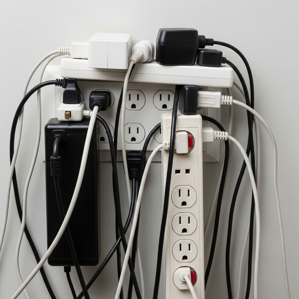 An overloaded commercial electrical outlet with many plugs. An overloaded commercial electrical outlet with many plugs.