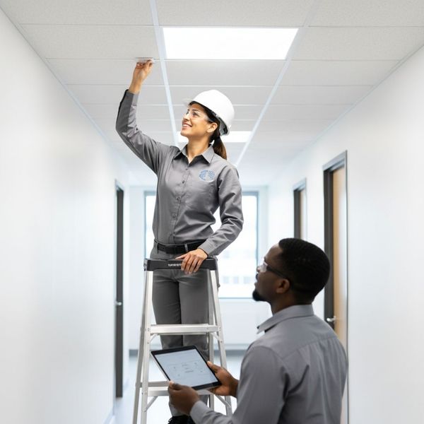 A female electrician on a ladder installs a ceiling light fixture while a colleague assists from below with a digital tablet.