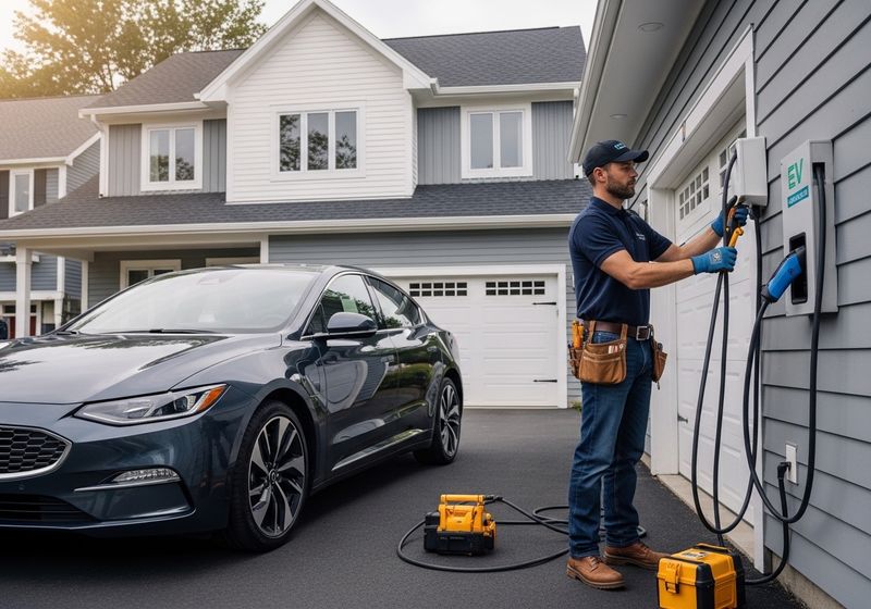 An electrician is installing an EV charger outside of a home with a dark grey electric car parked on the driveway. The electrician is wearing work gloves and a tool belt. Two toolboxes are sitting nearby on the driveway. Electrician installing EV charger