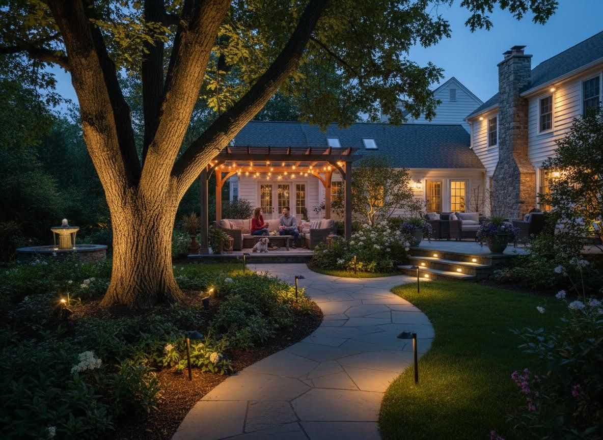 Illuminated Backyard Patio and Garden at Dusk