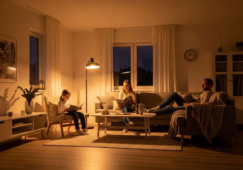 A warm-toned, inviting living room scene shows a family of three enjoying a quiet evening reading. A young girl sits in a patterned armchair to the left, engrossed in a book. Her mother sits on a light-brown couch in the middle, also reading, with her legs stretched out on a coffee table with a white jug on top. The father reclines on the couch, reading as well, with a cozy throw blanket nearby. A standing lamp casts a warm glow, and the room is decorated with modern furniture, including a white cabinet and a wall clock. Natural light filters in from the windows, complementing the cozy, serene atmosphere of the scene. Cozy family reading together in warm living room