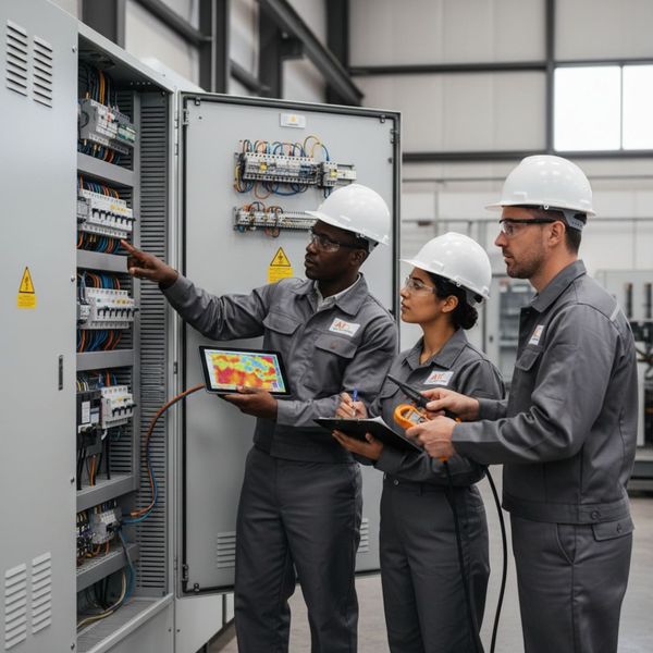 Three electrical technicians in grey uniforms and hard hats inspect an open industrial electrical panel while using a thermal imaging tablet.
