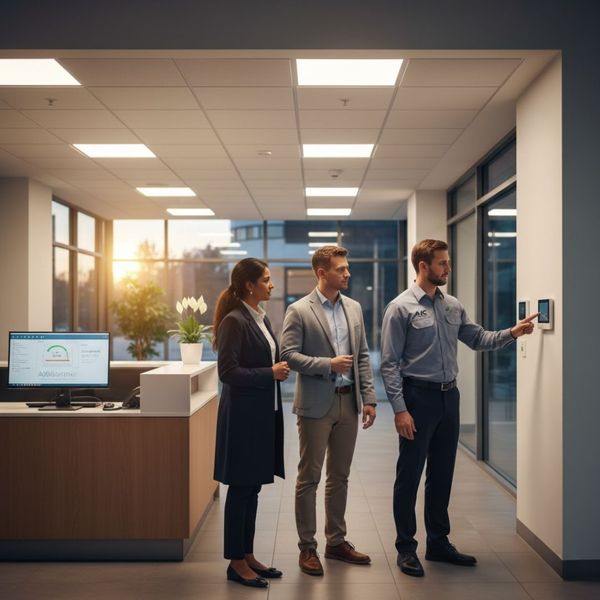 An electrician showing two business professionals how to use a wall-mounted digital control panel in a modern office hallway.