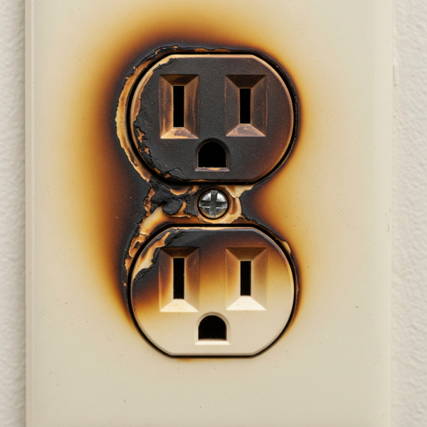 A close-up of a scorched and discolored American electrical outlet. A close-up of a scorched and discolored American electrical outlet.