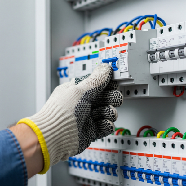A hand safely resetting a circuit breaker in an American electrical panel. A hand safely resetting a circuit breaker in an American electrical panel.