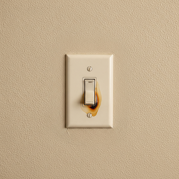 A discolored and slightly melted light switch plate on a wall. A discolored and slightly melted light switch plate on a wall.