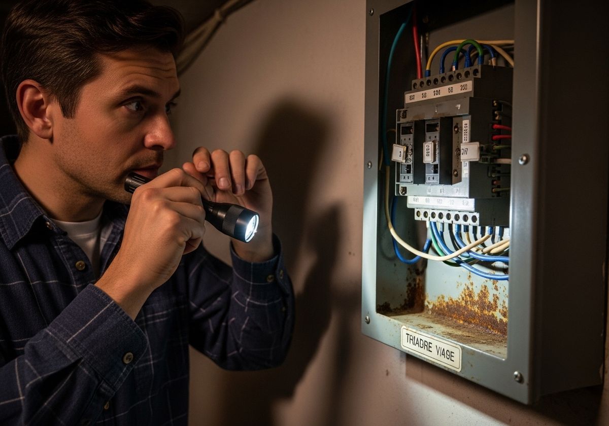 Man Inspecting Electrical Panel with Flashlight