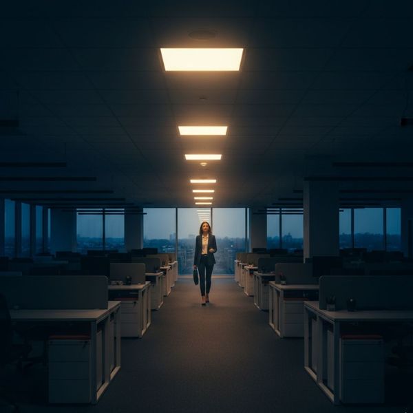 A professional woman walks through a dark office building at night with motion-activated lights illuminating her path.
