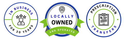 Blue, green, and black trust badges that read: In business for 30 years, locally owned and operated, and prescription transfers. Blue, green, and black trust badges that read: In business for 30 years, locally owned and operated, and prescription transfers.