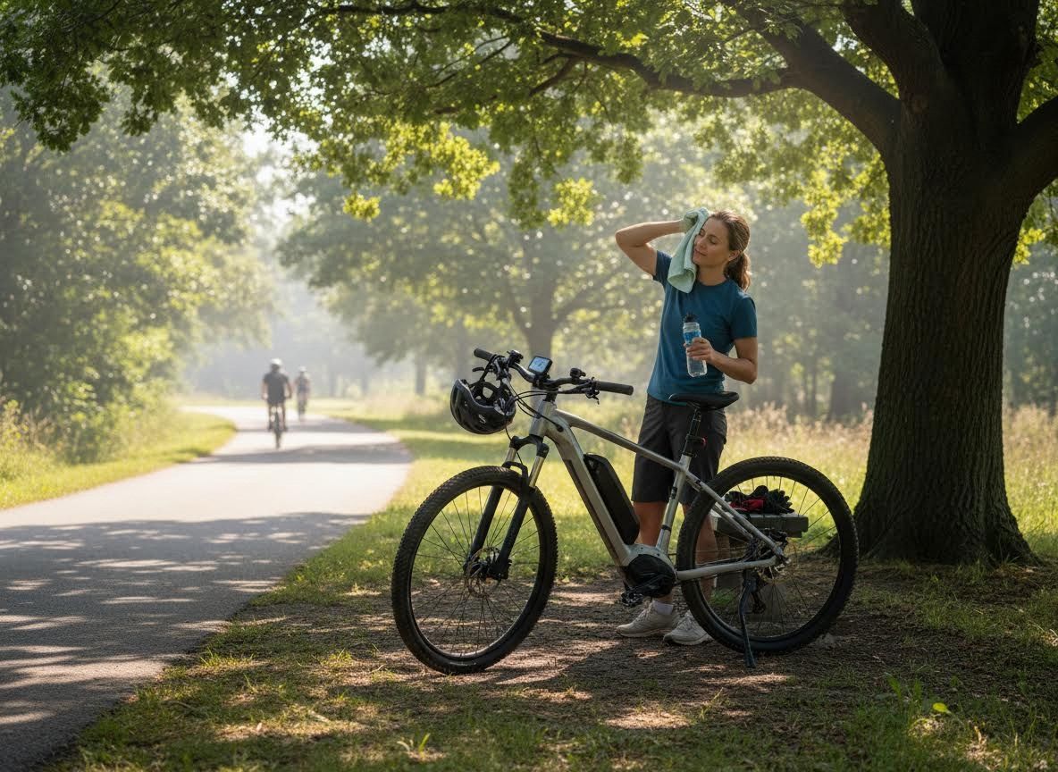 Woman resting with e-bike on a sunny path
