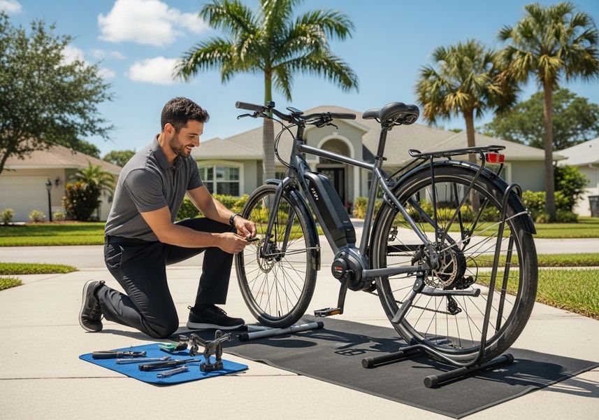 Man Repairing Electric Bike Outdoors