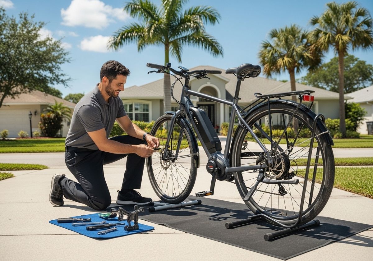 Man Repairing Electric Bike Outdoors