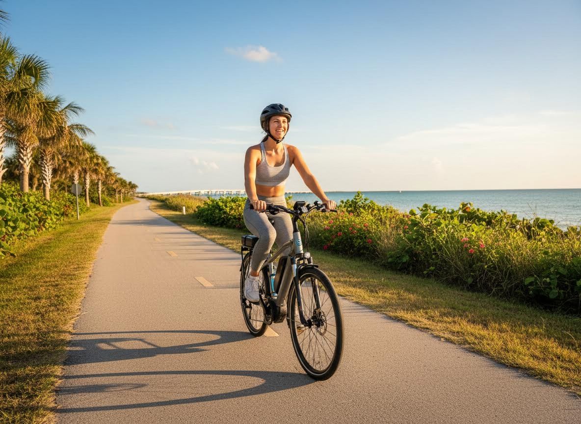Woman Riding E-Bike on Coastal Path