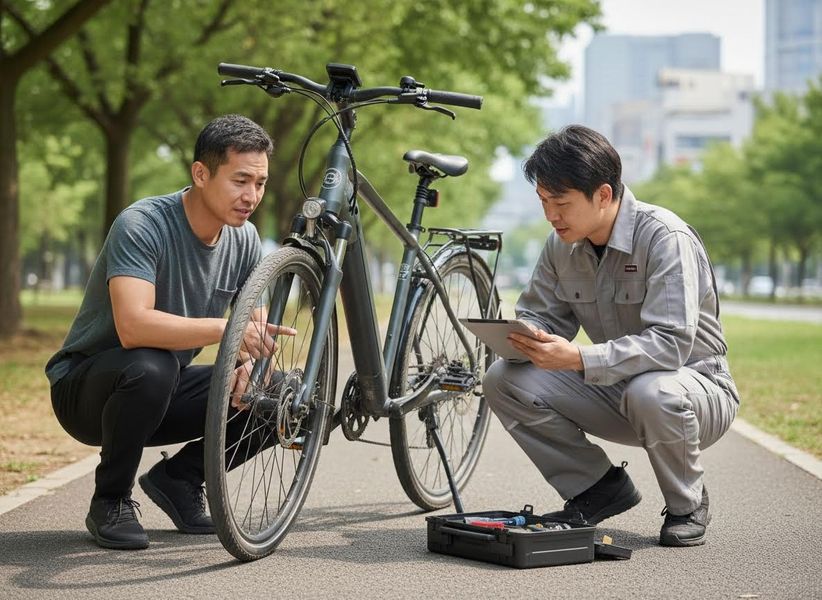 E-Bike Technician and Customer Reviewing Bike
