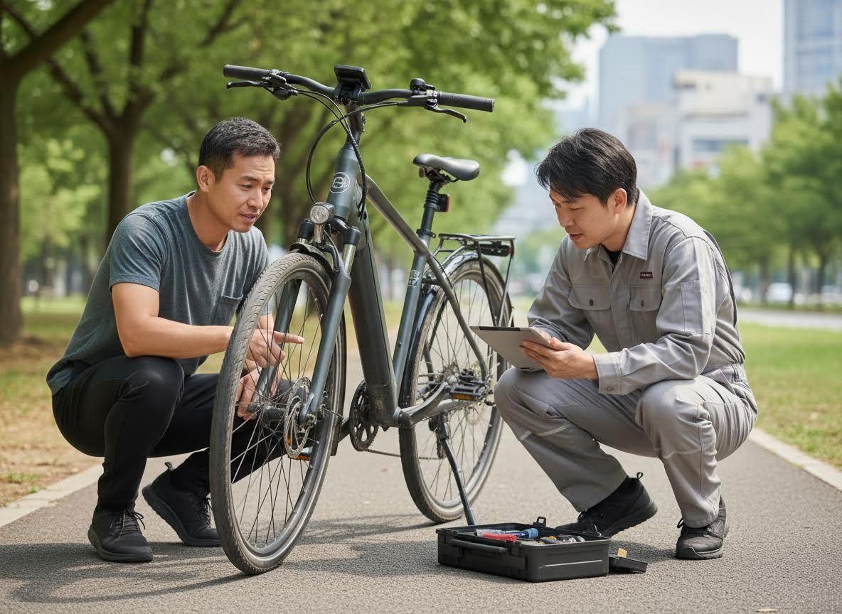 E-Bike Technician and Customer Reviewing Bike