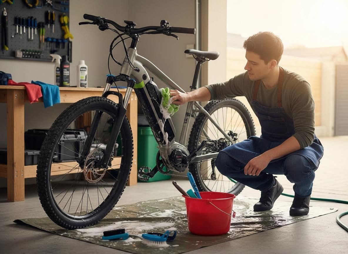 Man washing an electric mountain bike in a garage