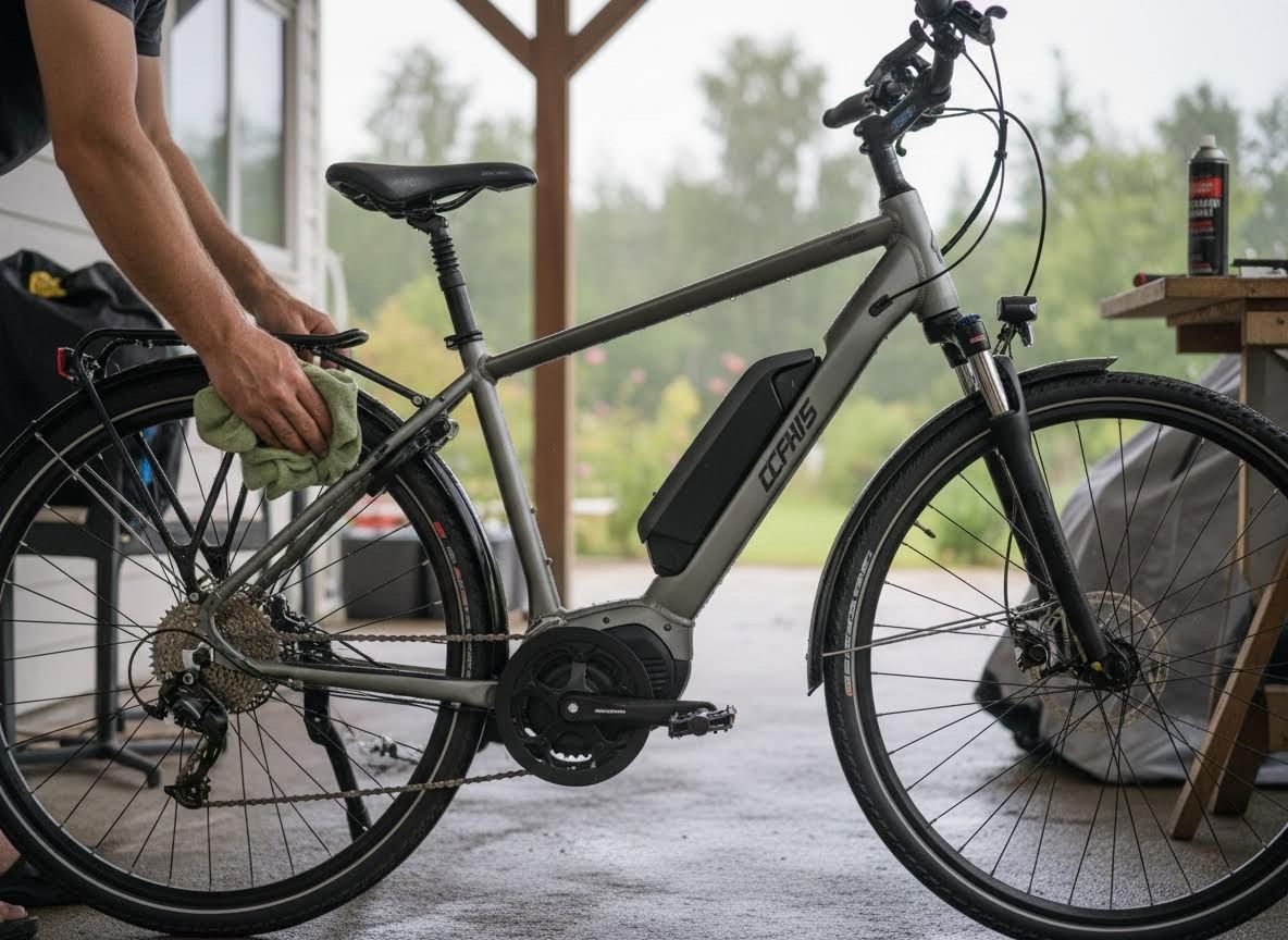 Person cleaning a gray electric bicycle