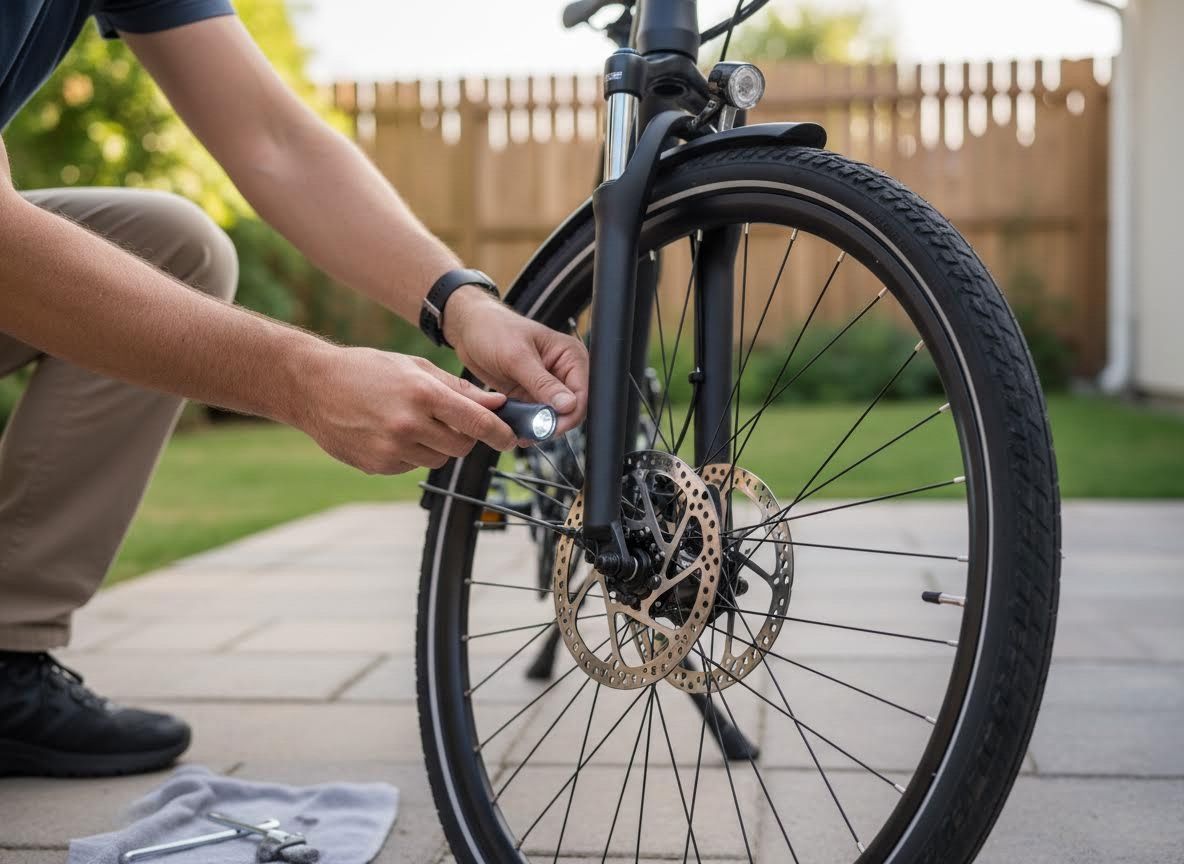 Man inspecting bicycle wheel with flashlight