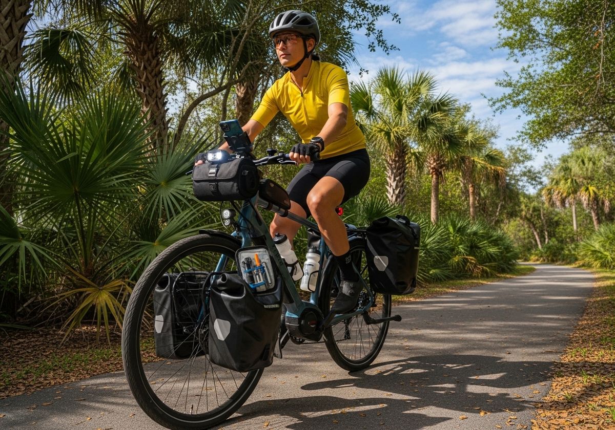 Woman cycling on a scenic path with palm trees