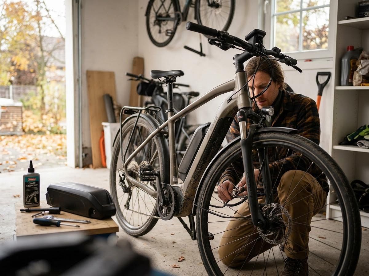Man repairing an e-bike in a garage