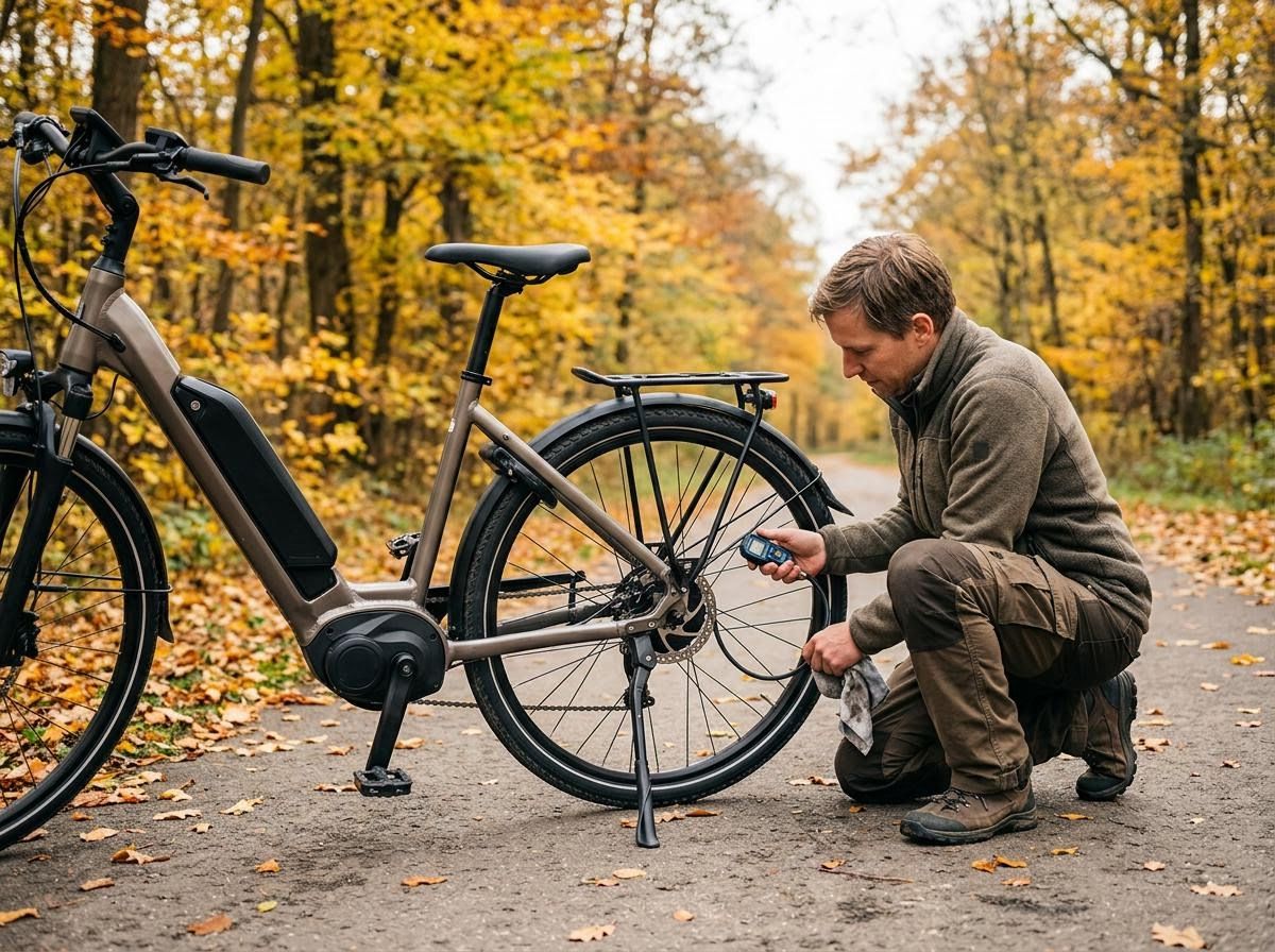 Man Checking E-Bike Tire Pressure in Autumn Forest
