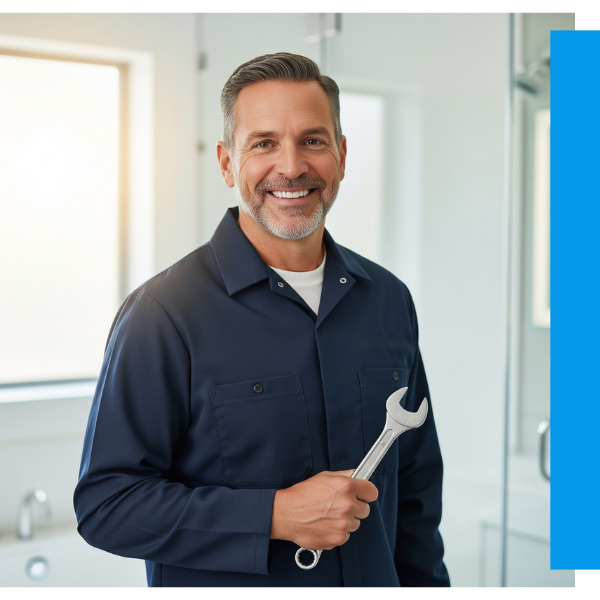 A friendly and professional plumber with a trustworthy expression, holding a wrench in a clean bathroom setting. A friendly and professional plumber with a trustworthy expression, holding a wrench in a clean bathroom setting.