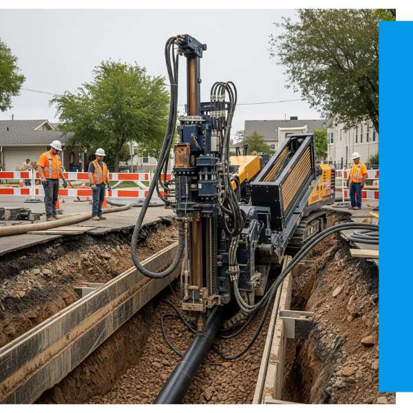 Equipment performing a trenchless sewer line replacement, minimizing disruption to the property. Equipment performing a trenchless sewer line replacement, minimizing disruption to the property.