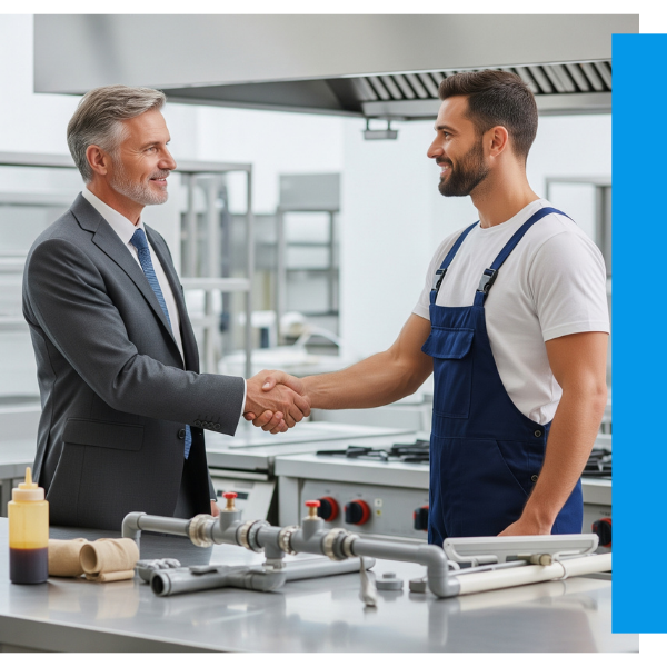 A business owner and a plumber shaking hands in a commercial kitchen, symbolizing trusted commercial plumbing solutions. A business owner and a plumber shaking hands in a commercial kitchen, symbolizing trusted commercial plumbing solutions.