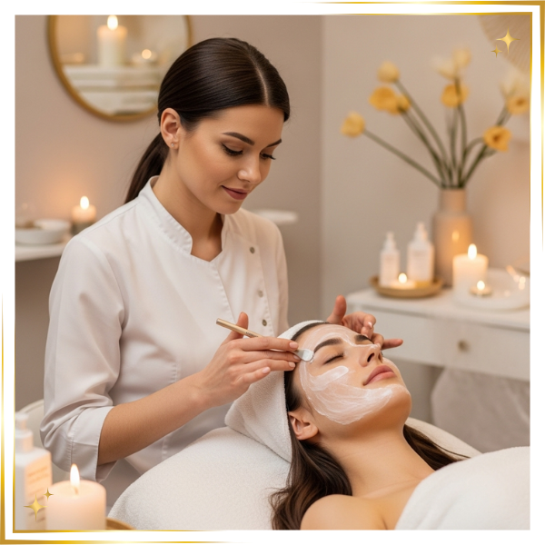 a woman relaxing peacefully while receiving a professional facial treatment in a serene spa environment