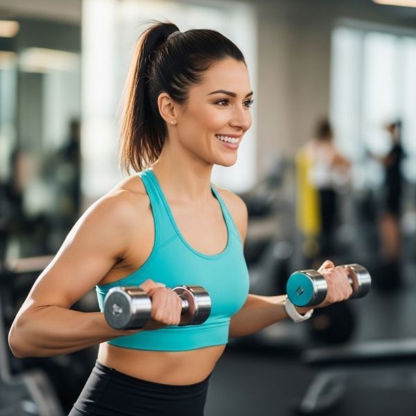 A woman is smiling brightly while working out with dumbbells in a modern gym.
