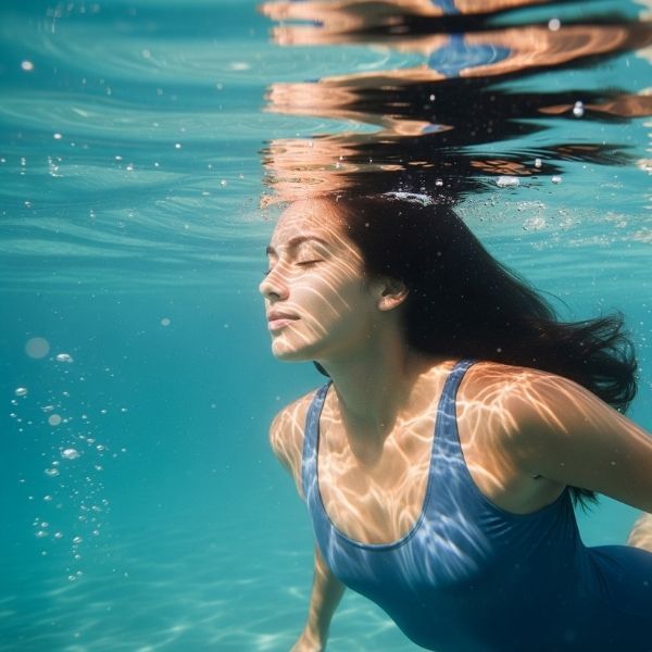 A woman is swimming serenely underwater, with her eyes closed and a peaceful expression on her face.