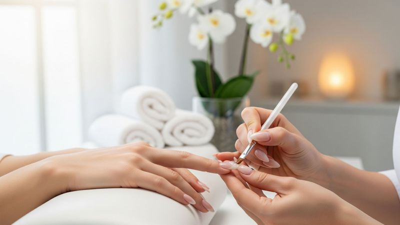 A nail technician applying a hard gel manicure to a client's hand