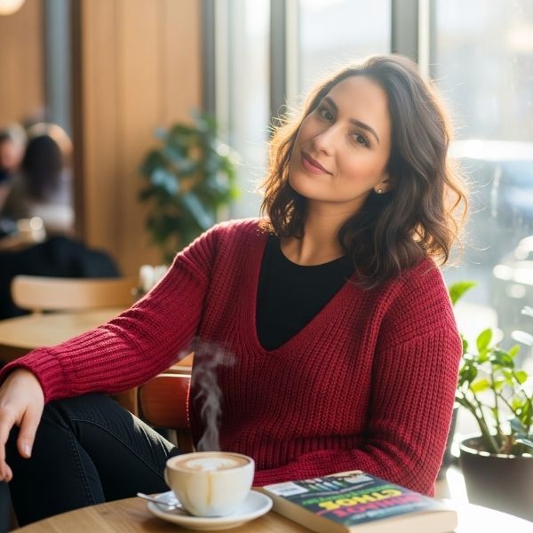 A confident woman with a relaxed smile is sitting in a cafe with a book.