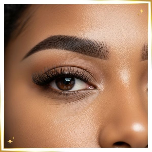 a woman's eye, featuring perfectly sculpted eyebrows and full eyelash extensions