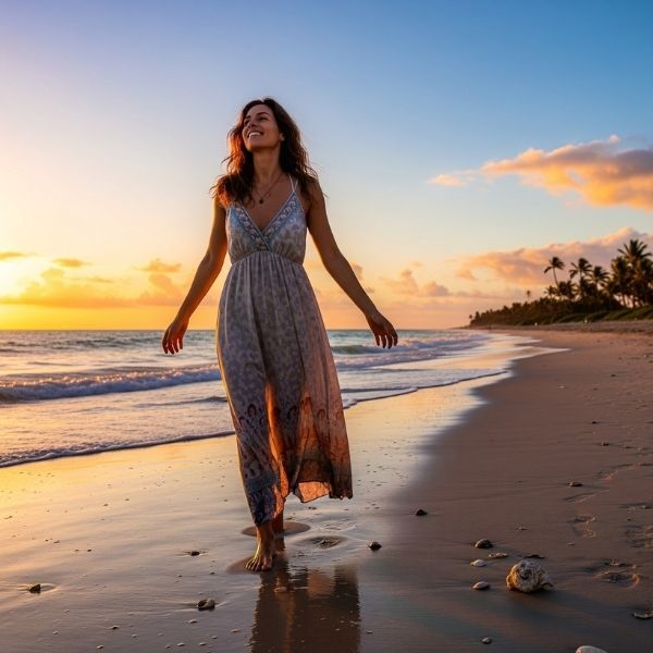 A woman with long, windswept hair is walking barefoot on a beach at sunset.
