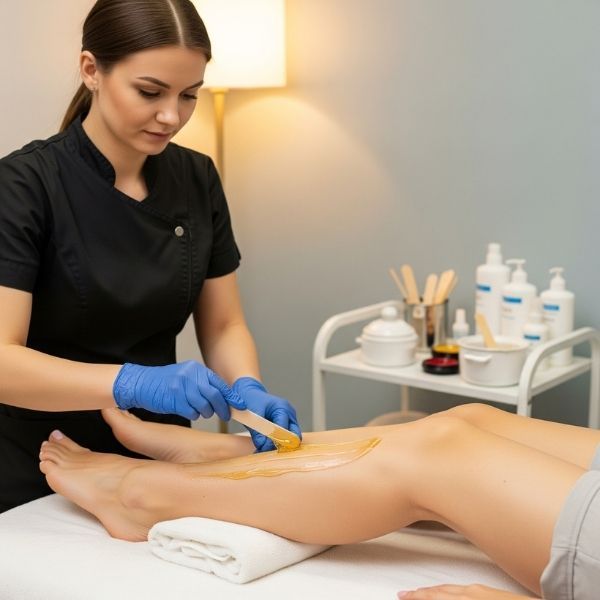 A professional technician applies warm wax to a client's leg during a waxing service.
