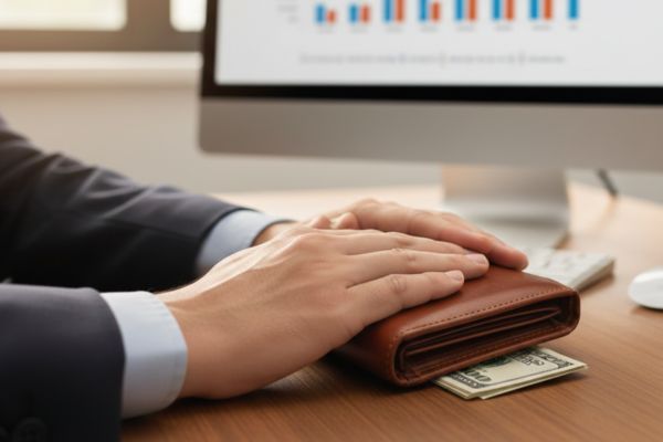 Hands protectively covering a wallet on a desk to symbolize bank levy and wage garnishment protection in Orlando.
