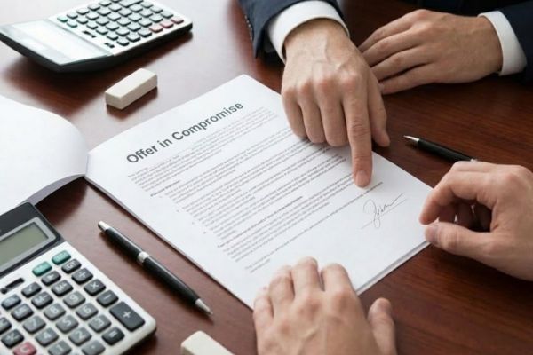 An attorney's hand guides a client to sign a document clearly titled "Offer in Compromise," symbolizing a resolution for back taxes.
