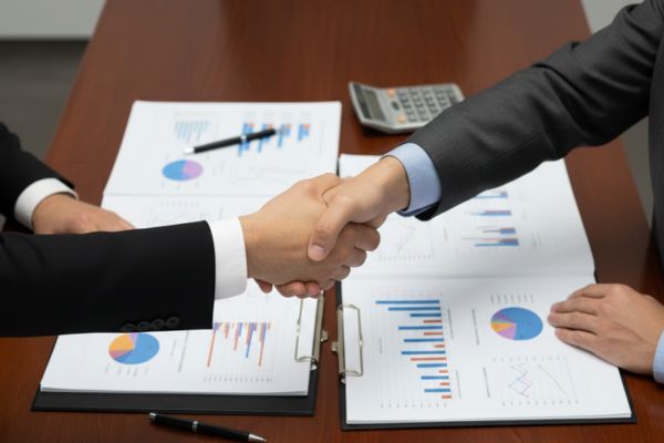 Professional handshake over financial charts representing a successful debt settlement with a tax resolution attorney in Orlando.