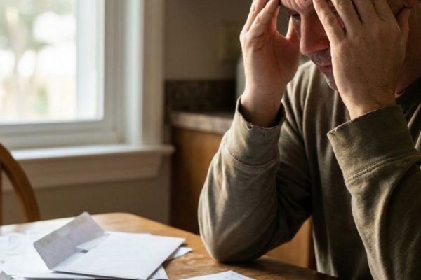 Stressed individual reviewing financial documents and needing tax relief from a professional tax attorney in Florida.