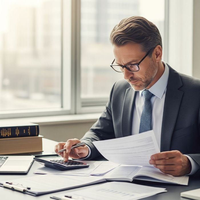 A person at a desk with a calculator and financial papers, representing tax analysis.