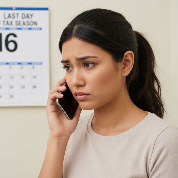 A concerned person on the phone, indicating a serious tax issue requiring a professional.