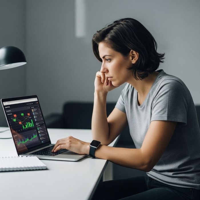 A person contemplating their options on a laptop, symbolizing making an informed decision.