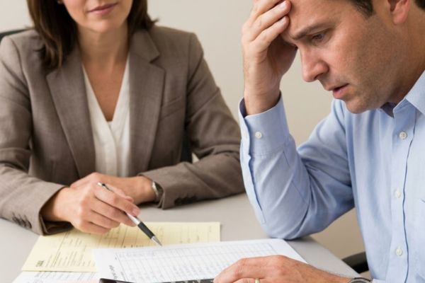 A distressed business owner reviews a payroll ledger and a calculator while professional counsel (a woman in a blazer, representing the firm's guidance) provides calm reassurance.