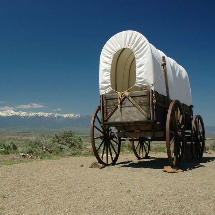 An image of a covered wagon against a picturesque background.